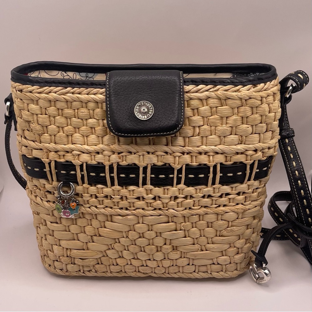 Brighton Woven Crossbody Straw Purse w/Black Leather Trim & Charms | 8.5” x 10”